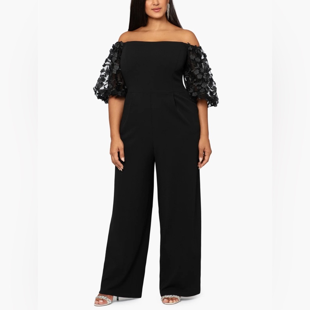 Xscape Black Off-Shoulder Jumpsuit with 3D Floral Puff Sleeves